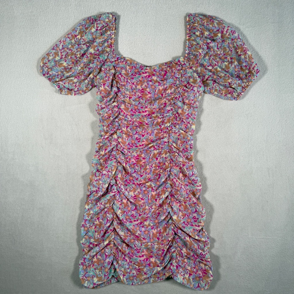 Lush Dress Womens Medium Floral Multicolor Ruched Puff Sleeve Sweetheart Mini